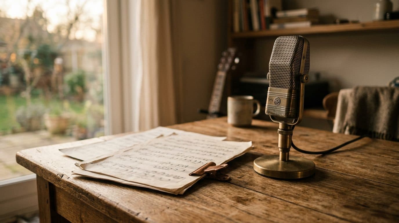 Handwritten sheet music and a vintage microphone on a wooden table by a window.