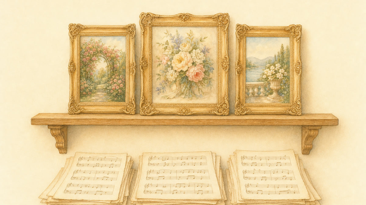 The song library, one song per row under three painted cards